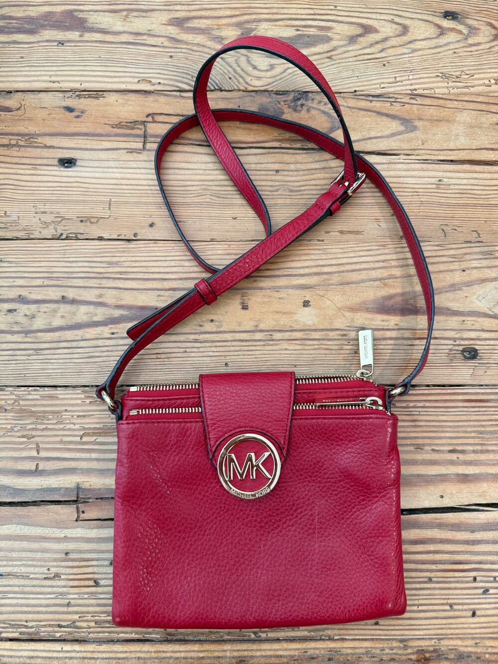 Michael Kors Fulton Large Double Zip Crossbody Bag Red Pebbled Leather Wallet